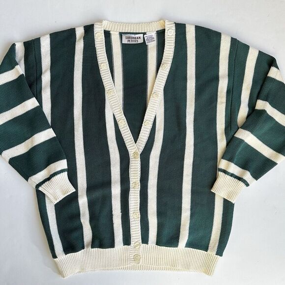 Vintage Sweaters - Vintage Suburban Petites Cardigan Sweater Green Cream Stripe Knit Women’s PL